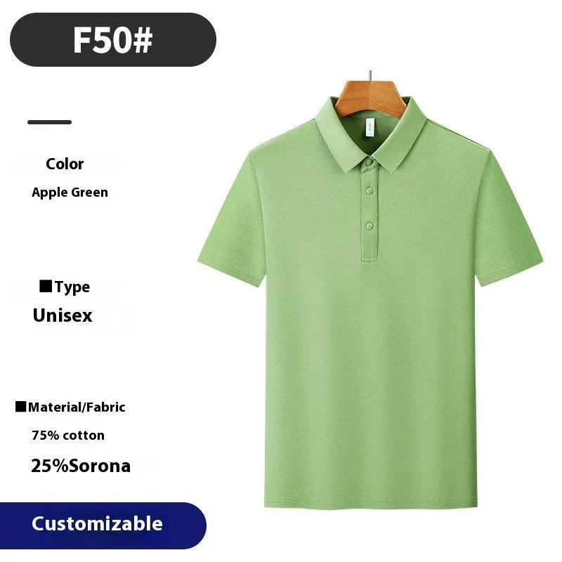 Men's short sleeve business polo shirt in cotton blend fabric with seamless construction, shown in solid colour options