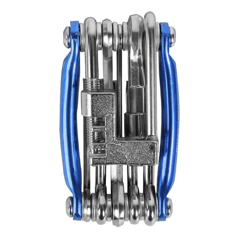 Black aluminium alloy combination tool set with chain breaker in compact storage bag for bicycle maintenance