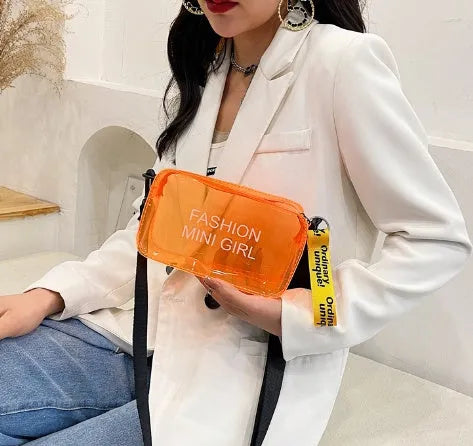 Transparent square women's shoulder bag with adjustable strap in multiple colour options showing internal mobile phone pocket