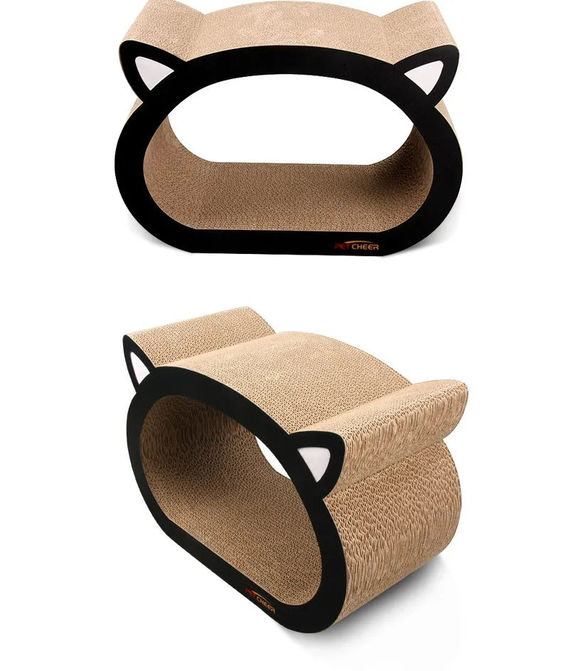Cat head shaped cat scratch board made from BC corrugated paper, 48.1 by 32 by 23 cm