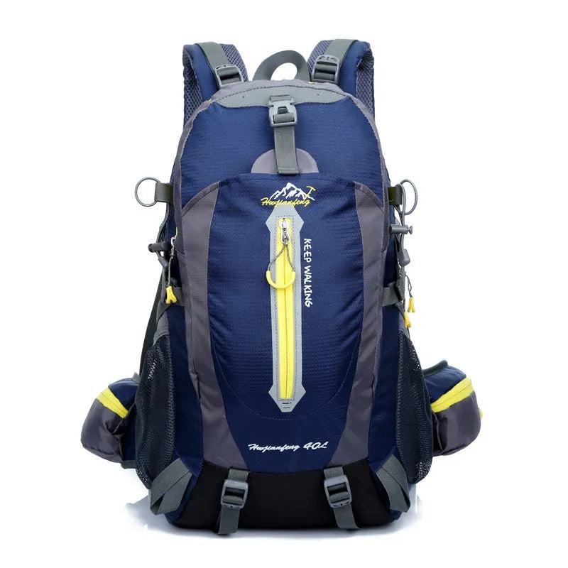 36-55L nylon hiking camping backpack in green for outdoor mountaineering and sports gear storage