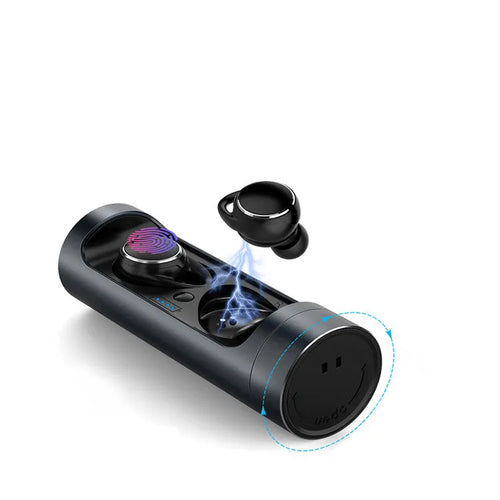 Single-ear Bluetooth 5.0 wireless headset with charging case, shown in dark grey, red, and silver colour options.
