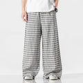Summer plus size Chinese style cotton and linen plaid baggy trousers in grey grid pattern