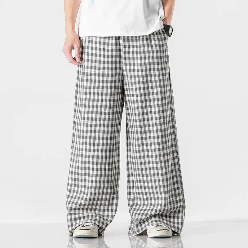 Summer plus size Chinese style cotton and linen plaid baggy trousers in grey grid pattern