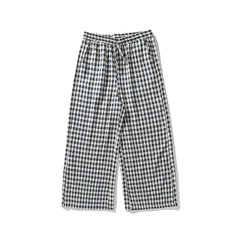 Summer plus size Chinese style cotton and linen plaid baggy trousers in grey grid pattern