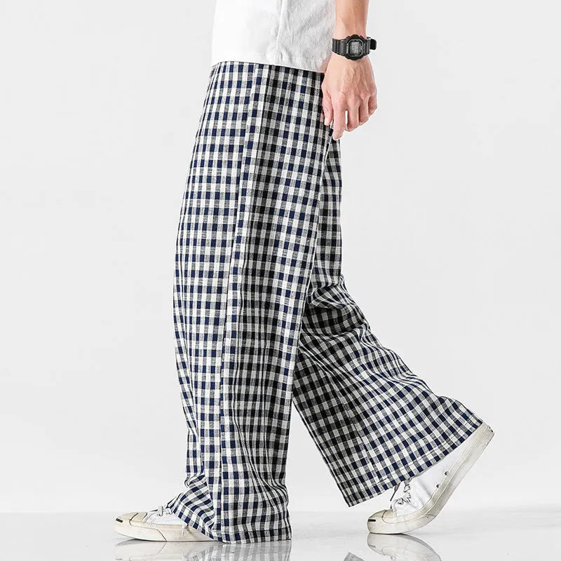 Summer plus size Chinese style cotton and linen plaid baggy trousers in grey grid pattern
