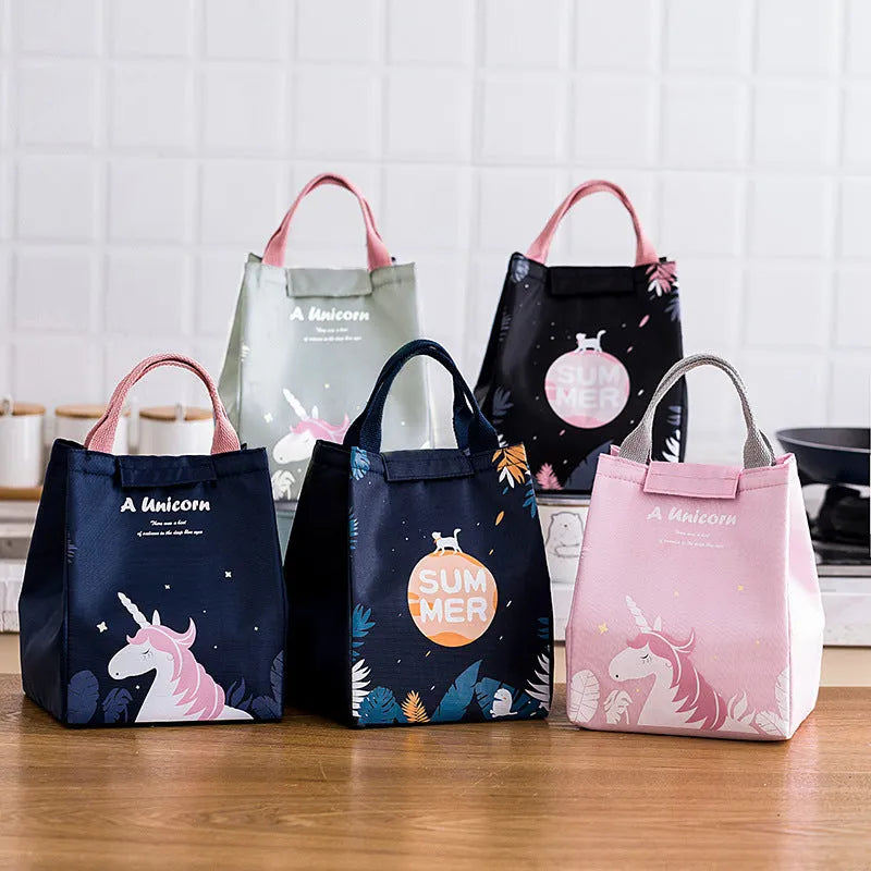Thickened insulation lunch bag Oxford cloth gray unicorn for office workers portable