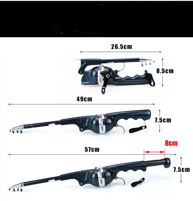 Foldable black fishing rod collapsed to 26.5cm showing built-in reel and epoxy resin construction