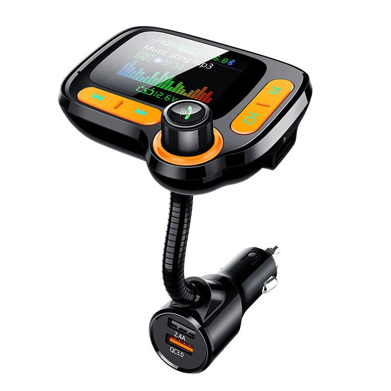 Car Bluetooth multi-function player with 1.77 inch OLED colour screen, QC 3.0 dual USB ports, and adjustable hose for cigarette lighter socket