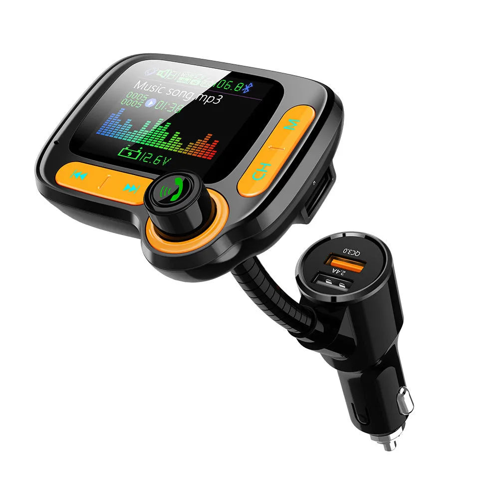 Car Bluetooth multi-function player with 1.77 inch OLED colour screen, QC 3.0 dual USB ports, and adjustable hose for cigarette lighter socket