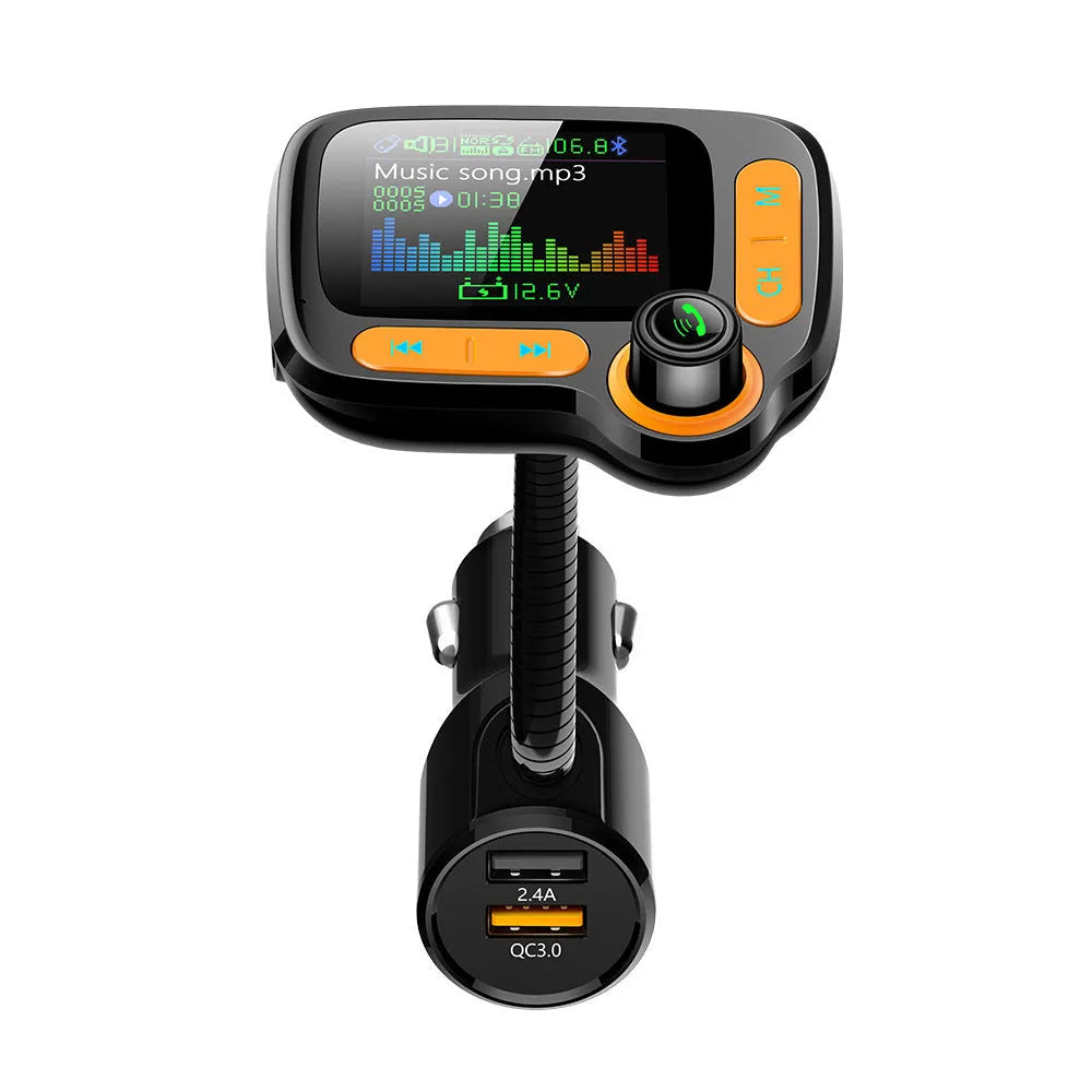 Car Bluetooth multi-function player with 1.77 inch OLED colour screen, QC 3.0 dual USB ports, and adjustable hose for cigarette lighter socket
