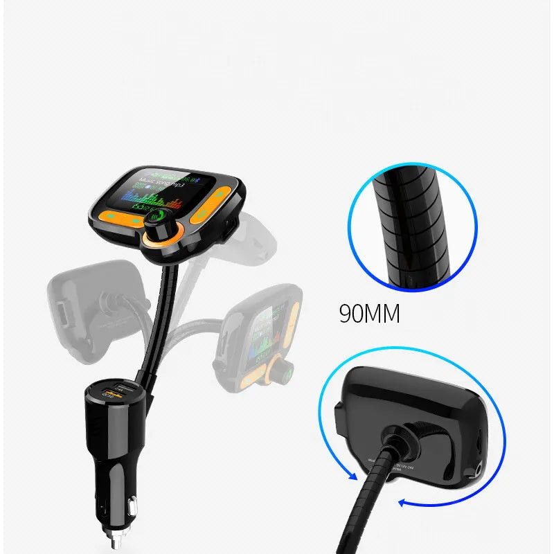 Car Bluetooth multi-function player with 1.77 inch OLED colour screen, QC 3.0 dual USB ports, and adjustable hose for cigarette lighter socket