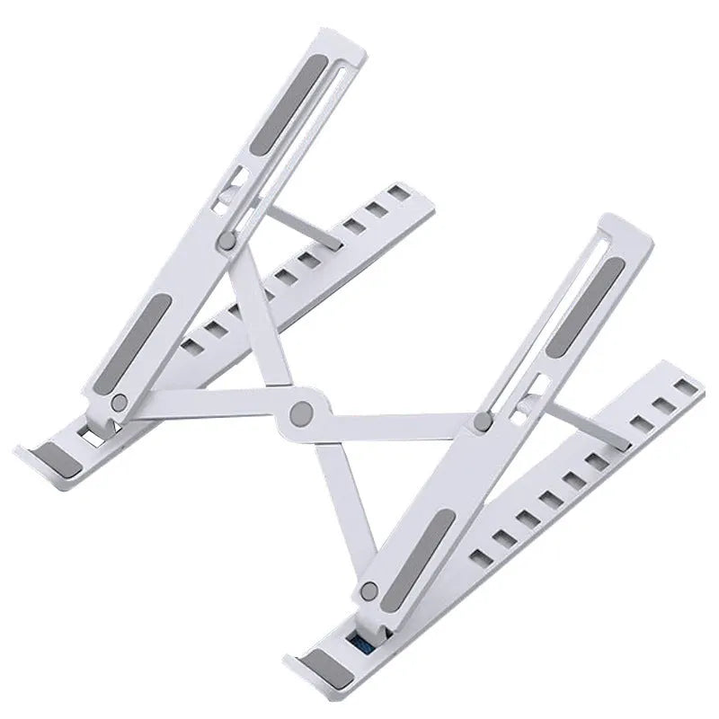 Portable 10-position laptop cooling bracket folded and unfolded showing height adjustment