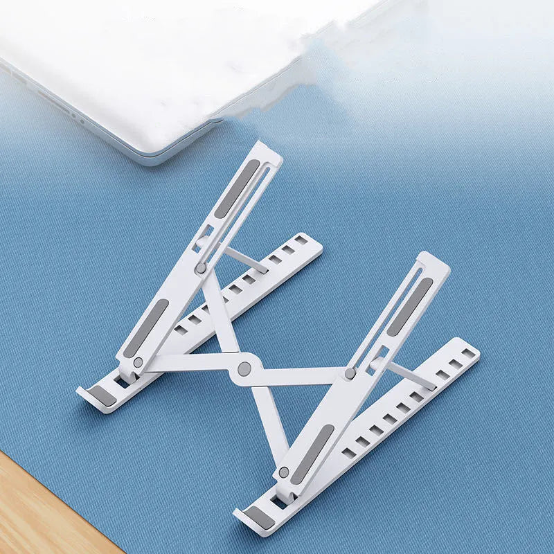 Portable 10-position laptop cooling bracket folded and unfolded showing height adjustment