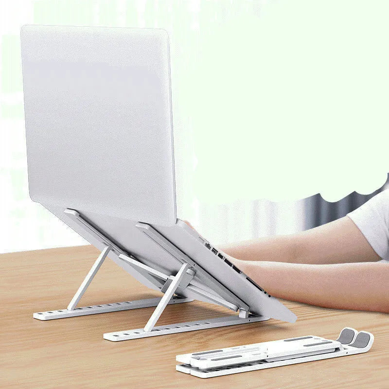 Portable 10-position laptop cooling bracket folded and unfolded showing height adjustment