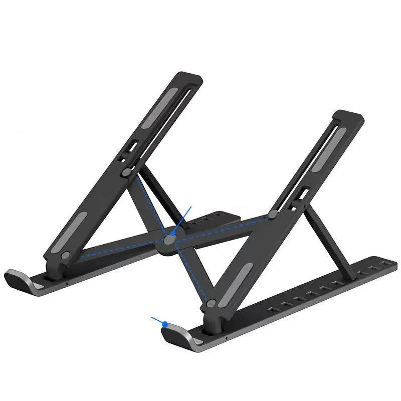 Portable 10-position laptop cooling bracket folded and unfolded showing height adjustment
