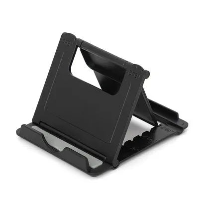 Multifunctional folding ABS stand for mobile phones and tablets, shown folded and in black colour