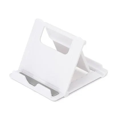 Multifunctional folding ABS stand for mobile phones and tablets, shown folded and in black colour