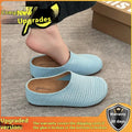 Women's non-slip baotou boken slippers in cloth with rubber sole, showing colour options and round toe design