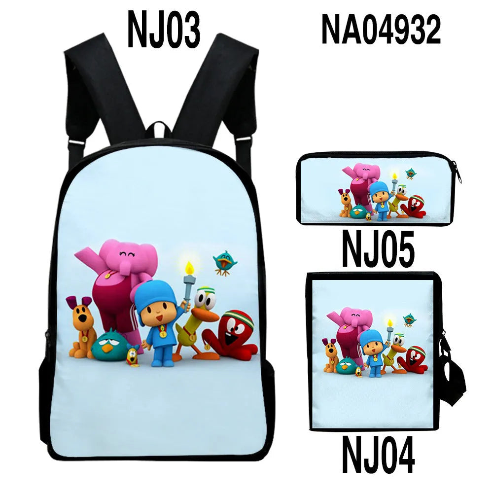 Digital colour printing trendy backpack set with character pattern, Oxford cloth material, and zippered closure, available in multiple colour options