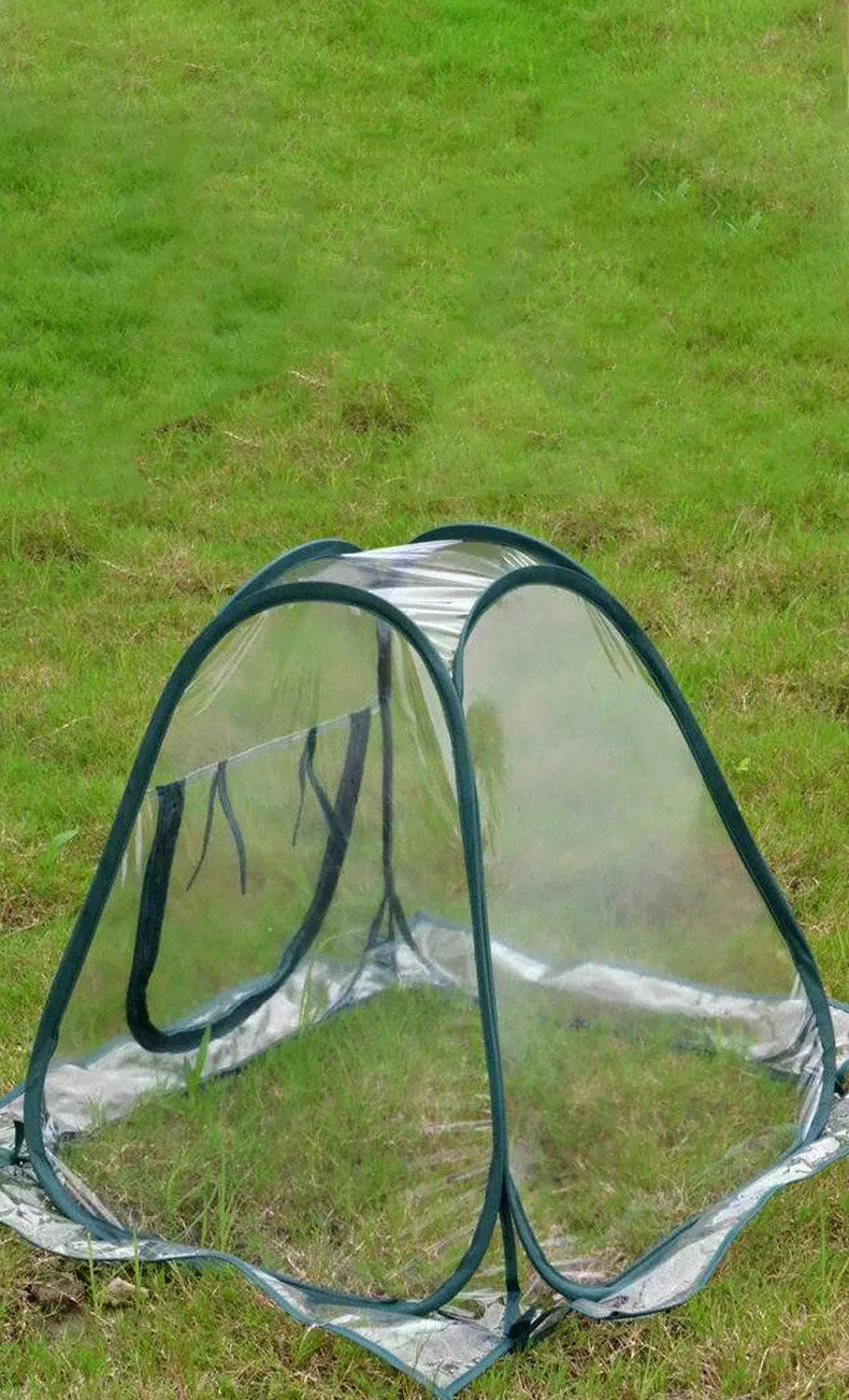 Transparent PVC conservatory tent 90 cm outer size protecting garden plants from frost, with ground nails visible