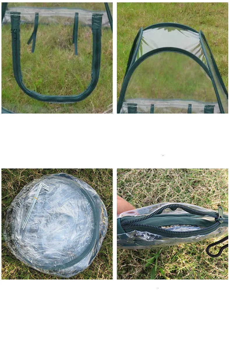 Transparent PVC conservatory tent 90 cm outer size protecting garden plants from frost, with ground nails visible
