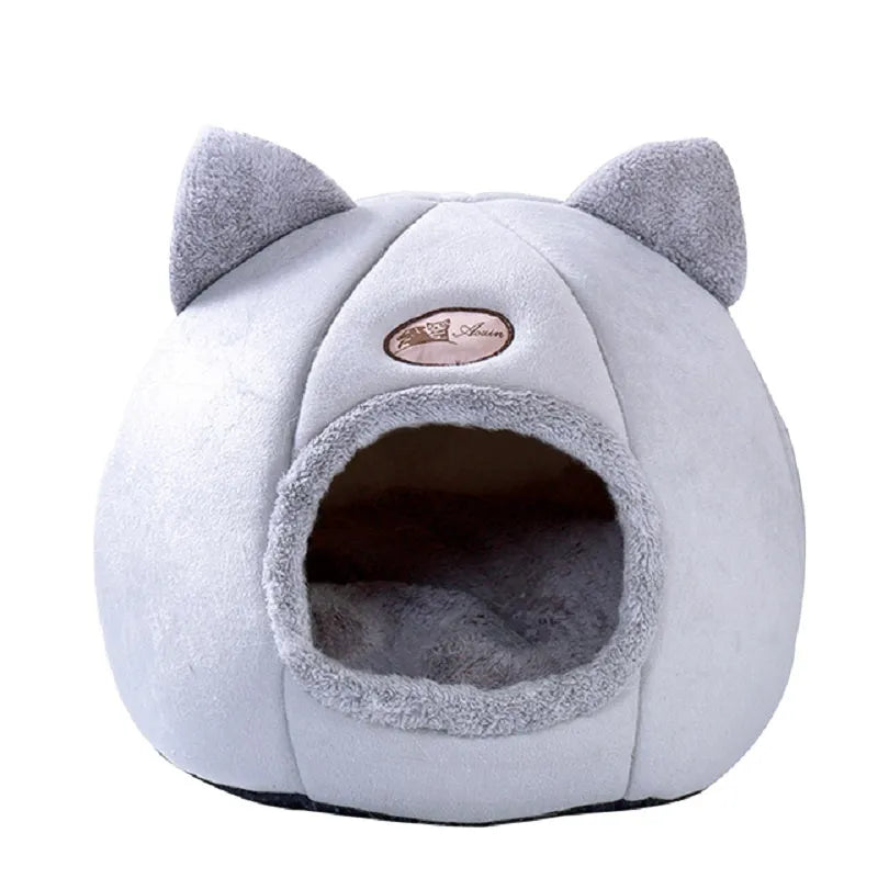 Original Cat Head Nest enclosed cat bed in grey, side view with hooded entrance, size M 33x33x33 cm