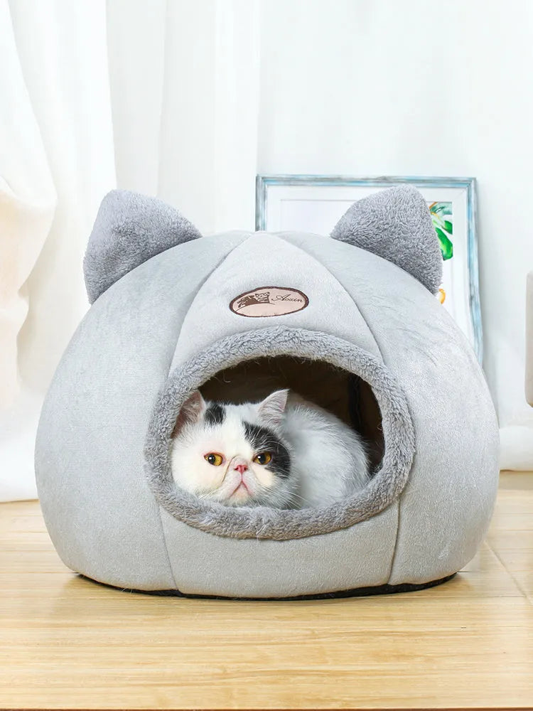 Original Cat Head Nest enclosed cat bed in grey, side view with hooded entrance, size M 33x33x33 cm