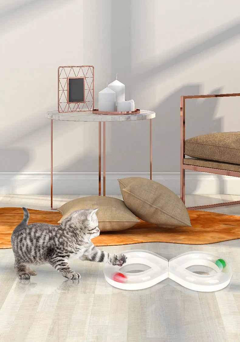 Cat toy turntable with interactive track ball dish, white and blue plastic, 50x24x5.5cm