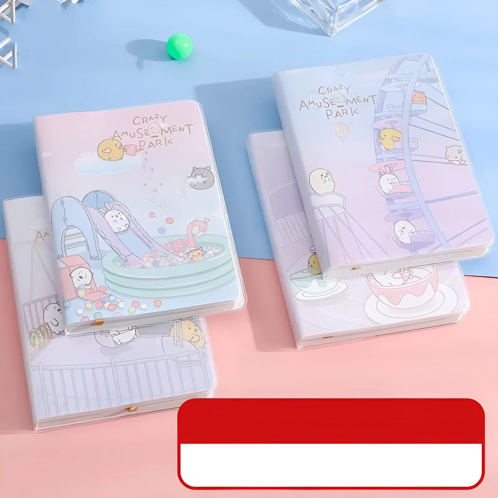 A6 waterproof notepad with amusement park design, PU cover, and thread binding