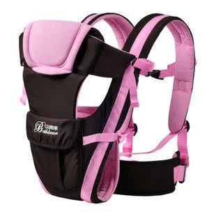 Four Seasons Baby Carrier in sapphire blue with double shoulder straps, showing kangaroo carry position for baby