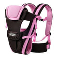 Four Seasons Baby Carrier in sapphire blue with double shoulder straps, showing kangaroo carry position for baby