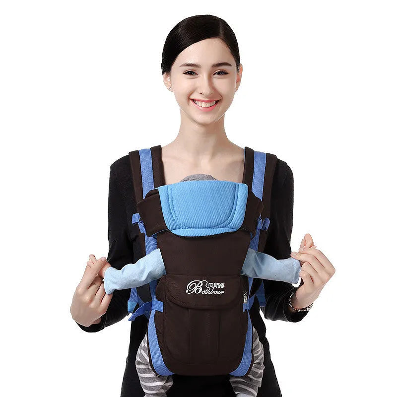 Four Seasons Baby Carrier in sapphire blue with double shoulder straps, showing kangaroo carry position for baby