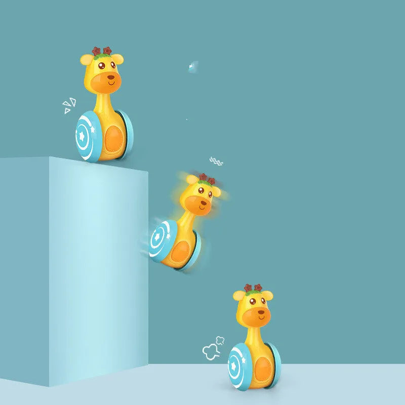 Le Bao Toys cute pet deer sliding tumbler toy in yellow plastic with bell ring for baby development