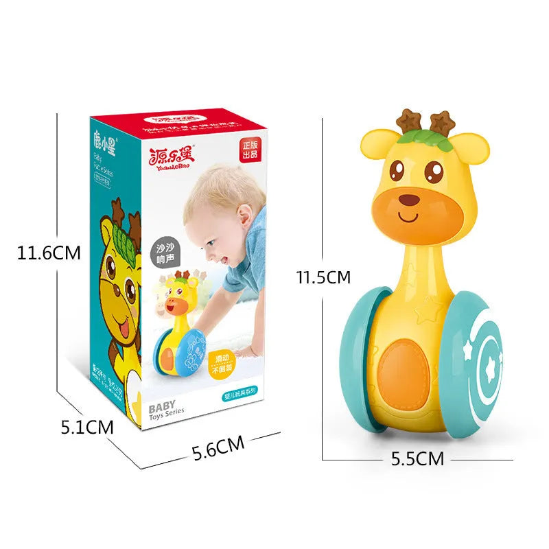 Le Bao Toys cute pet deer sliding tumbler toy in yellow plastic with bell ring for baby development