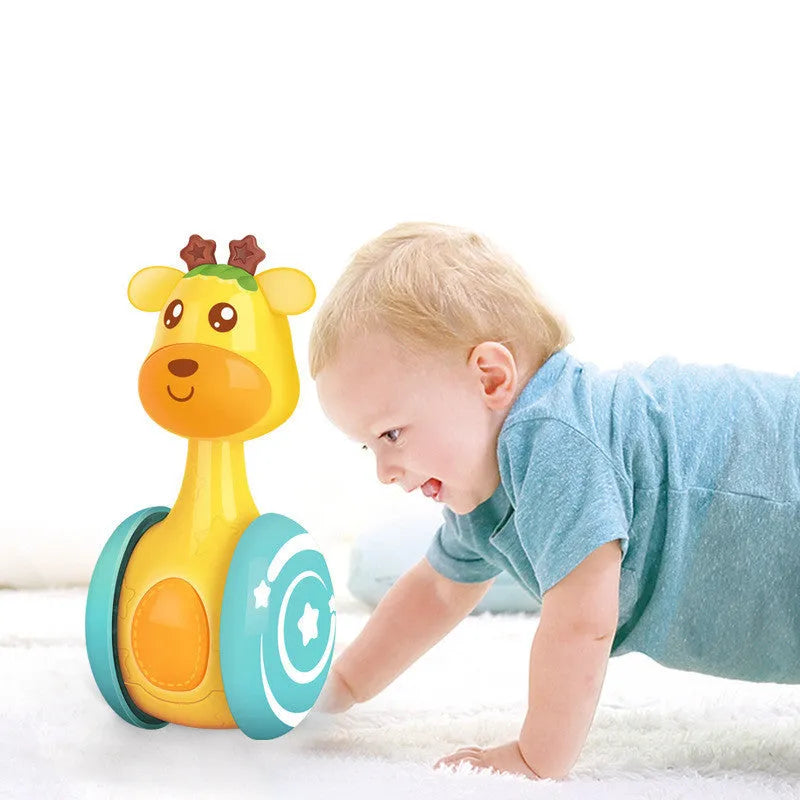 Le Bao Toys cute pet deer sliding tumbler toy in yellow plastic with bell ring for baby development