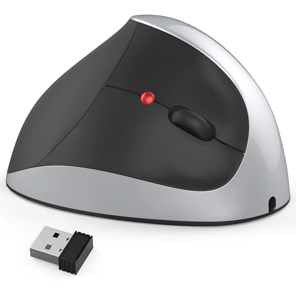 Vertical rechargeable wireless ergonomic mouse in black with optical sensor and USB receiver