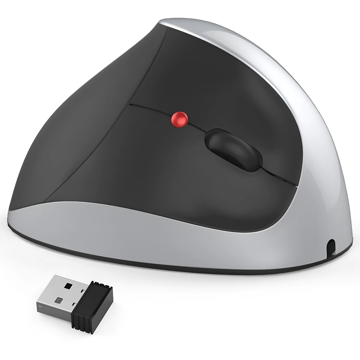Vertical rechargeable wireless ergonomic mouse in black with optical sensor and USB receiver