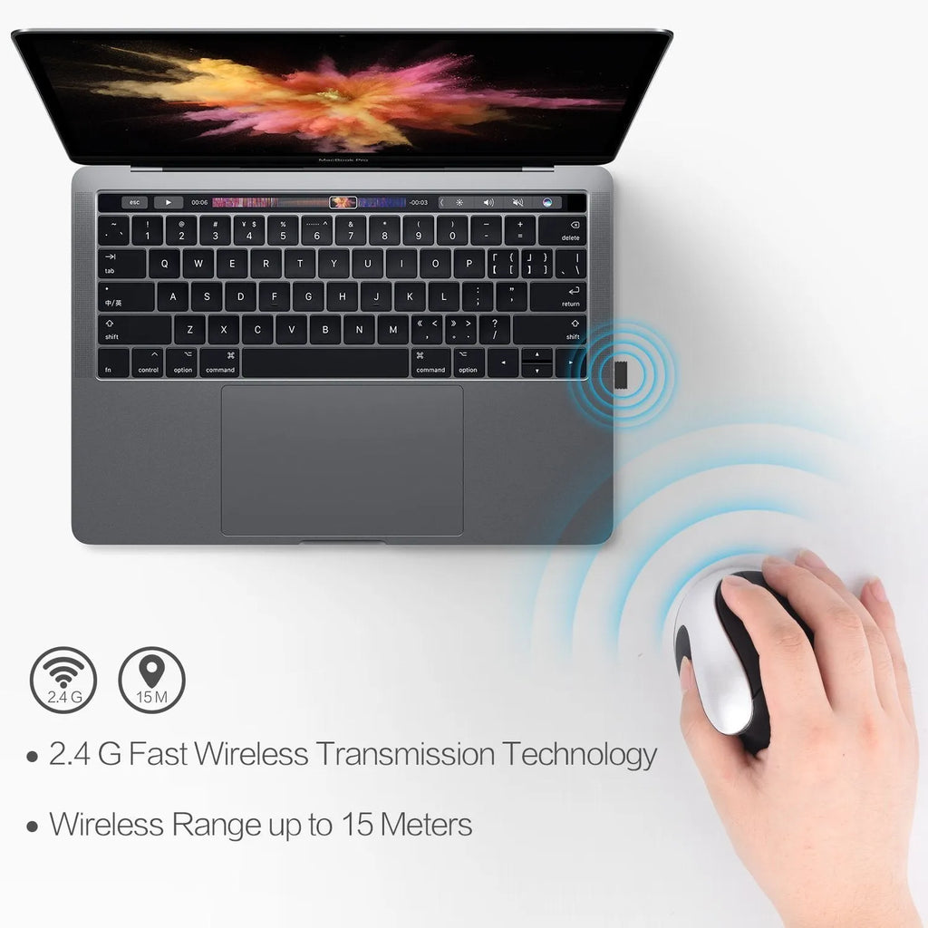 Vertical rechargeable wireless ergonomic mouse in black with optical sensor and USB receiver
