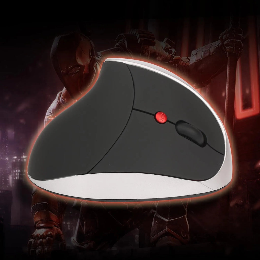 Vertical rechargeable wireless ergonomic mouse in black with optical sensor and USB receiver