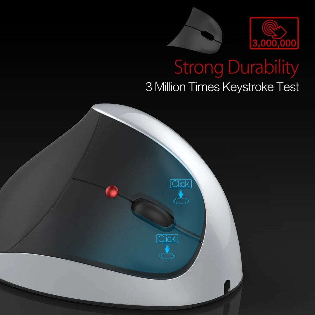 Vertical rechargeable wireless ergonomic mouse in black with optical sensor and USB receiver