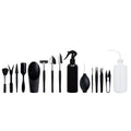 Black succulent gardening tool set with 14 pieces including tweezers, shovels, brushes, and a grey potting cushion.