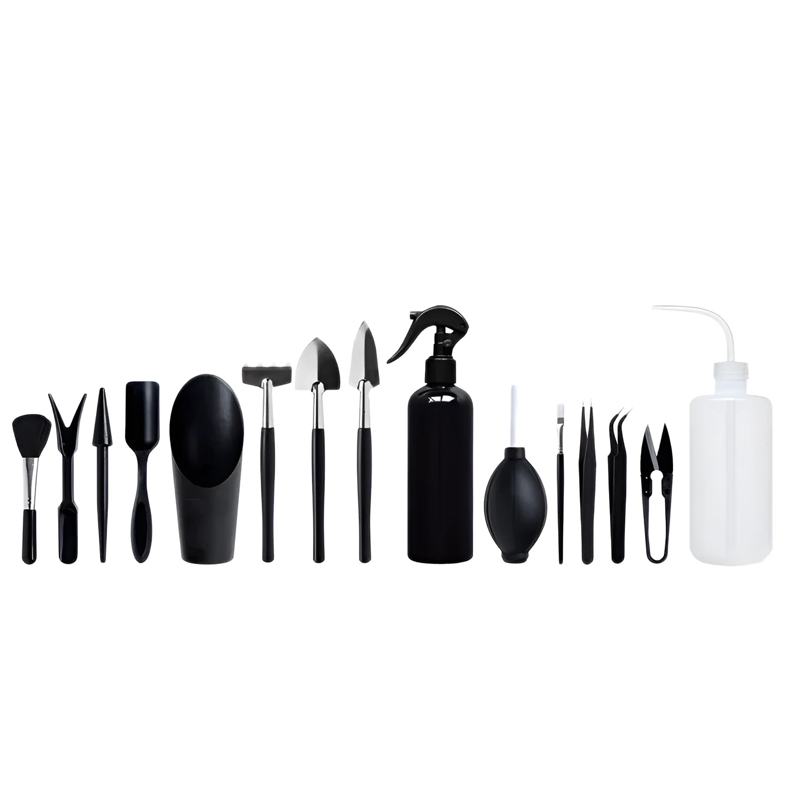 Black succulent gardening tool set with 14 pieces including tweezers, shovels, brushes, and a grey potting cushion.
