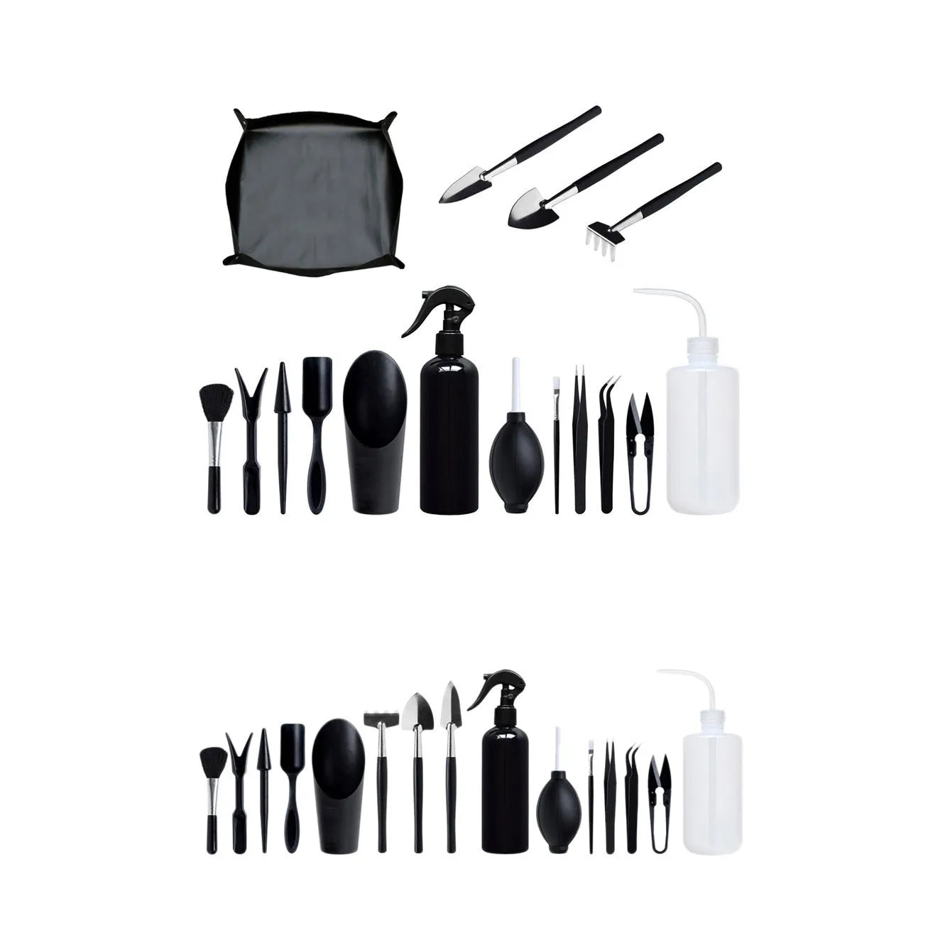 Black succulent gardening tool set with 14 pieces including tweezers, shovels, brushes, and a grey potting cushion.