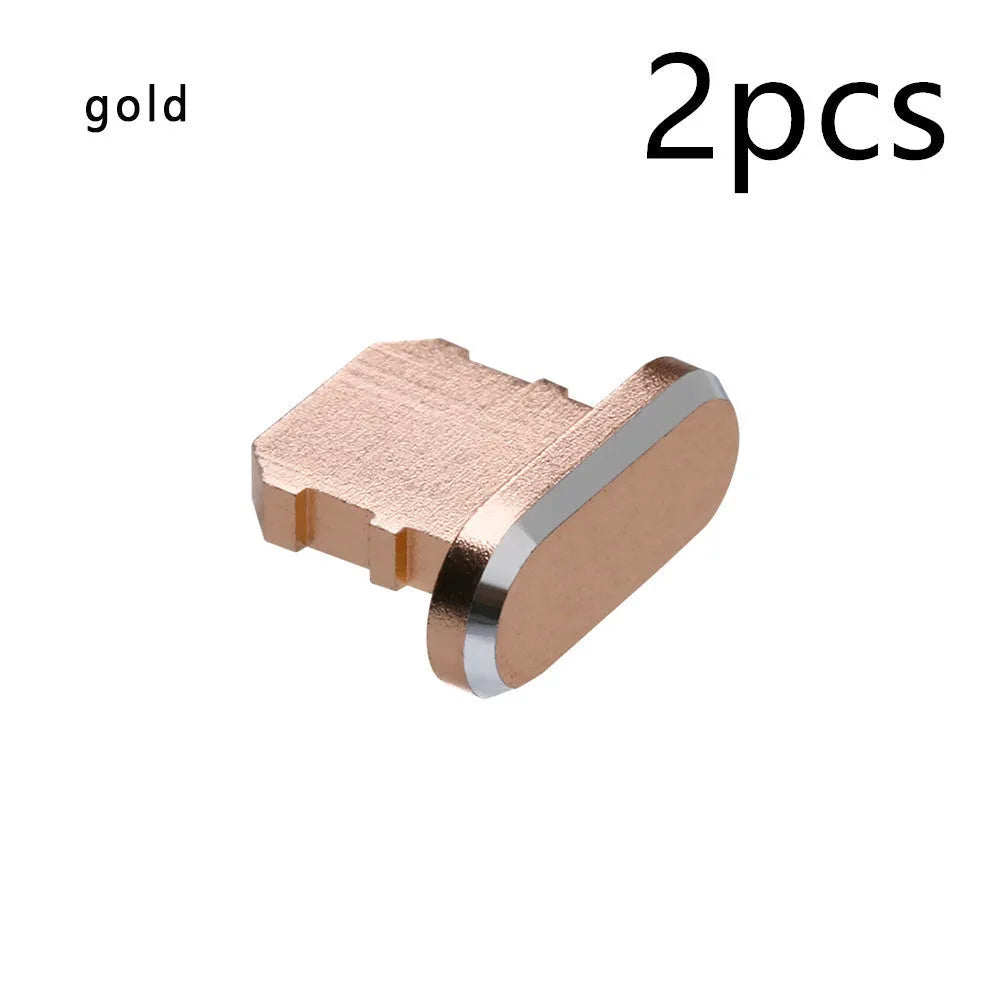 Aluminium alloy charging port dust plug for iPhone in various colours including gold, black, and rose gold.