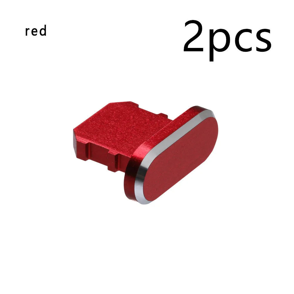 Aluminium alloy charging port dust plug for iPhone in various colours including gold, black, and rose gold.