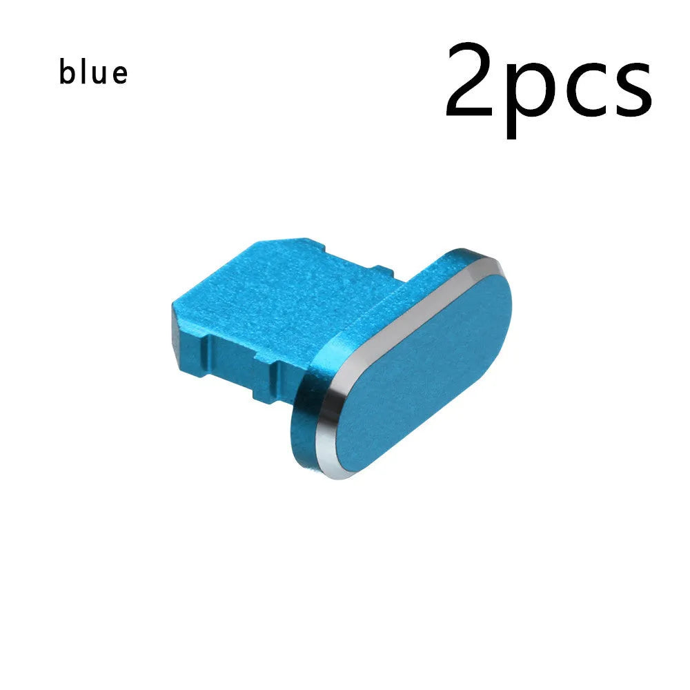 Aluminium alloy charging port dust plug for iPhone in various colours including gold, black, and rose gold.