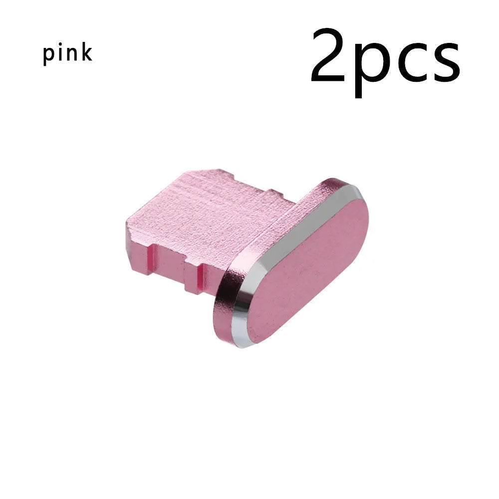Aluminium alloy charging port dust plug for iPhone in various colours including gold, black, and rose gold.