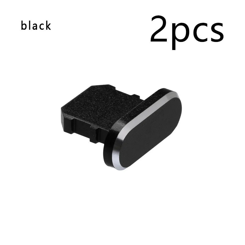 Aluminium alloy charging port dust plug for iPhone in various colours including gold, black, and rose gold.