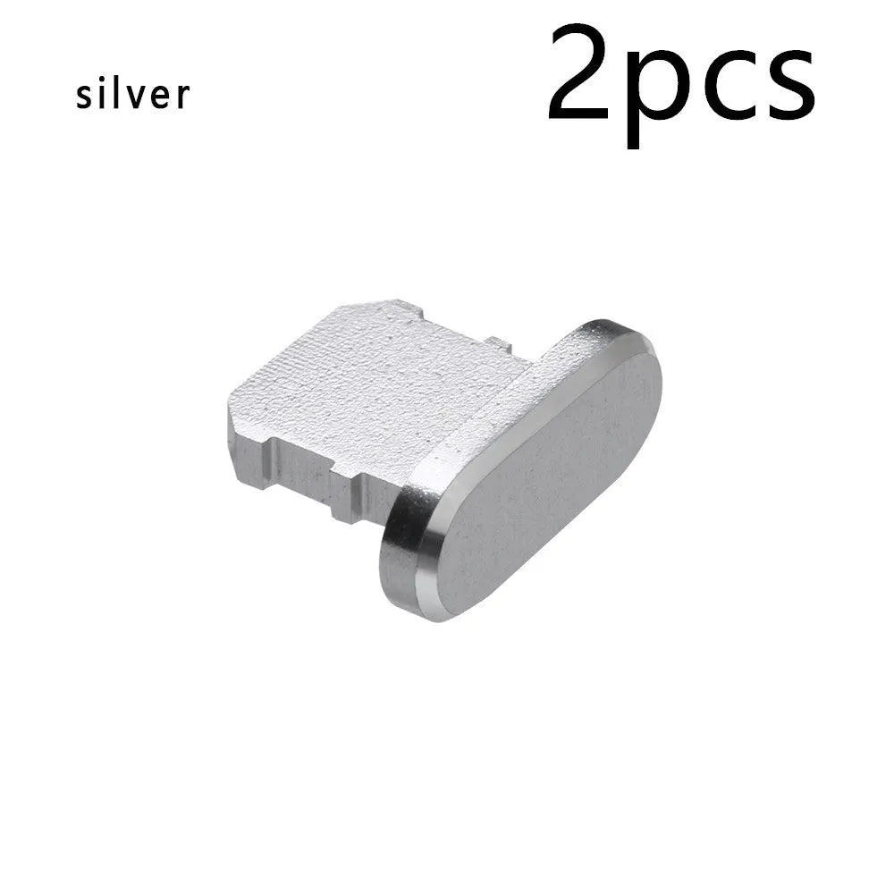 Aluminium alloy charging port dust plug for iPhone in various colours including gold, black, and rose gold.